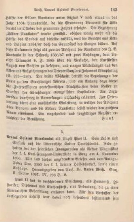 143-144 [Rezension] Weiss, Anton, Aeneas Sylvius Piccolomini als Papst Pius II.