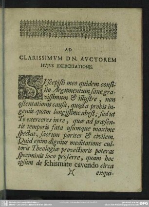 Ad Clarissimum Dn. Auctorem Huius Exercitationis