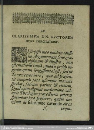 Ad Clarissimum Dn. Auctorem Huius Exercitationis