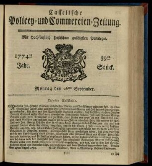 39tes Stueck, Montag den 2ten September 1774