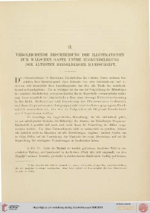 II. Vergeleichende Beschreibung der Illustrationen zum wälschen Gaste, unter Zugrundelegung der ältesten Heidelberger Handschrift