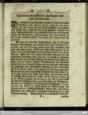 Von denen Kranckheiten überhaupt und deren Eintheilungen