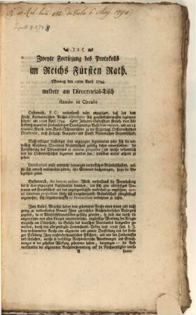Im Reichsfürstenrath : ... Fortsetzung des Protokolls, 1794