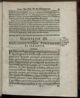Disputatio III. De Muhametismo Turcarum Et Persarum