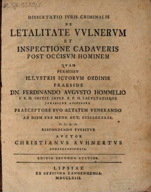 Dissertatio Ivris Criminalis De Letalitate Vvlnerum Et Inspectione Cadaveris Post Occisvm Hominem