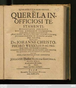 De Querela Inofficiosi Testamenti, Dissertatio Iuridica