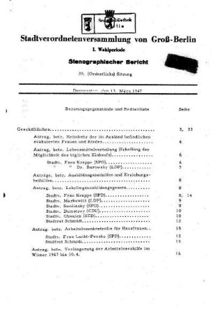 Nr. 20, 13. März 1947, Ordentliche Sitzung