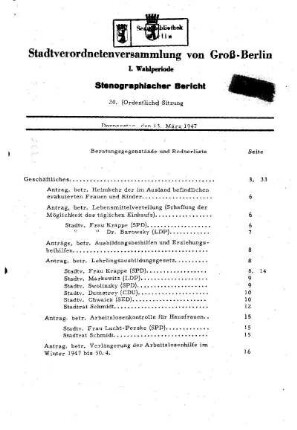 Nr. 20, 13. März 1947, Ordentliche Sitzung