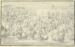 Seeschlacht, in der Ferne die englische Küste bei Dover, rechts zwei weitere Städte