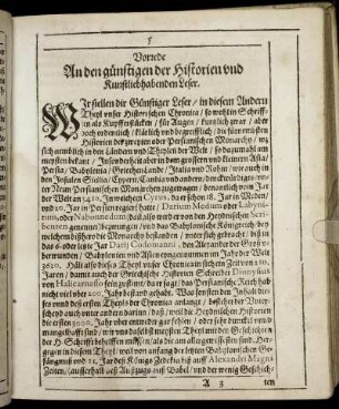 Vorrede An den günstigen der Historien und Kunstliebhabenden Leser.