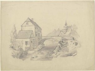 Brückenhaus vor bergiger Landschaft