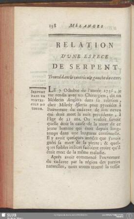 Relation D'Une Espece De Serpent Trouvé dans le ventricule gauche du coeur