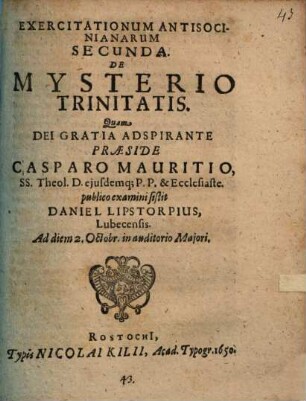 Prōton pseudos, sive primum falsum Socini et sociorum septem exercitationibus publicis adumbratum, Exercitationum antisocinianarum II.. De mysterio trinitatis