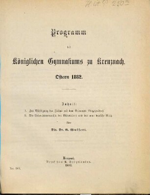 Programm des Königl. Gymnasiums zu Kreuznach : Ostern .... 1881/82