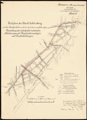 Städtische Tiefbahn [U-Bahn] zwischen Berlin und Schöneberg Schinkelwettbewerb 1912: Lageplan: Veränderungen der Kanalisationsanlagen und Druckrohrleitungen 1:4000