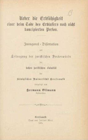 Ueber die Erbfähigkeit einer beim Tode des Erblassers noch nicht koncipierten Person : Inaugural-Dissertation ...