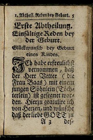 Erste Abtheilung. Einfältige Reden bey der Geburt.