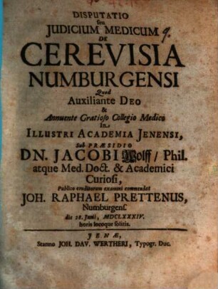 Disputatio seu Judicium Medicum De Cerevisia Numburgensi