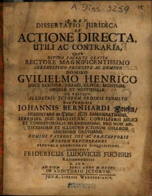 Dissertatio Iuridica De Actione Directa, Utili Ac Contraria