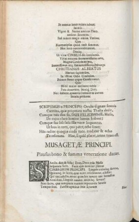 Musagetæ Principi. Plausus bono & summa veneratione datus.