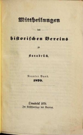 Mittheilungen des Historischen Vereins zu Osnabrück. 9. 1870