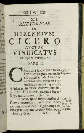 XII. Rhetoricae Ad Herennium Cicero Auctor Vindicatus ... Pars II.