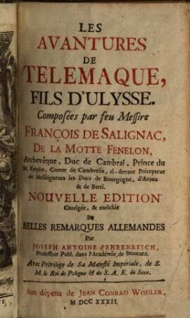 Les Avantures De Telemaque, Fils D'Ulysse