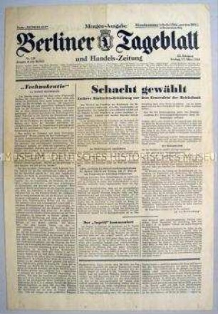 "Berliner Tageblatt" zur Wahl von Schacht zum Präsidenten der Reichsbank
