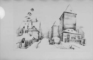 Freiburg: Ausstellung Freiburger Gewerbebank, Federzeichnungen [von Helmut Philipp], Straßburg, Die gedeckten Brücken