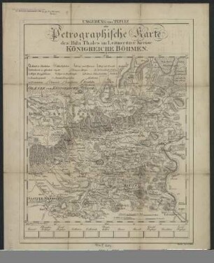 Petrographische Karte der Umgebung von Teplice / Bilinatal, 1:144 000, Kupferstich, um 1850 : Umgebung von Tepliz oder Petrographische Karte des Bila-Thales im Leitmeritzer Kreise : Königreiche Böhmen. - [Ca. 1:144 000]. - Teplitz : Helm , [ca. 1850]. - 1 Kt. : Kupferst. ; 26 x 27 cm. - Maßstab in graph. Form (Deutsche od. Geographische Meile, Meile von 2 Stunden). - Nullmeridian: Ferro. - Mit Bergstrichen. - Kopft. - Mit Eisenbahnlinien