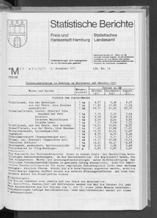 Verbraucherpreise in Hamburg im September und Oktober 1971 : Lfd. Nr. 14