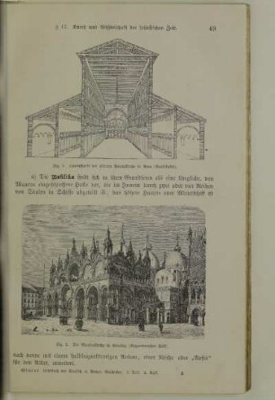 Fig. 1. Querschnitt der älteren Peterskirche in Rom (Basilikastil). Fig. 2. Die Markuskirche in Venedig (Byzantinischer Stil)