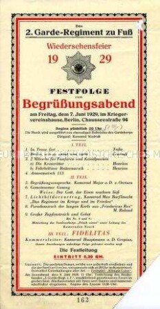 Festprogramm zur Wiedersehensfeier des 2. Garderegiments zu Fuß