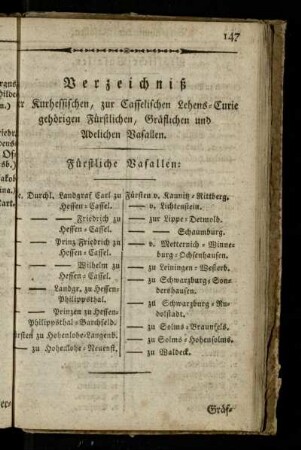Verzeichniß der Kurhessischen, zur Casselischen Lehens-Curie gehoerigen Fuerstlichen, Graeflichen und Adelichen Vasallen