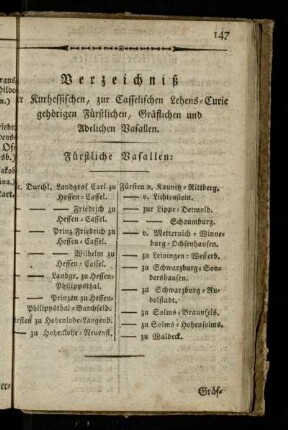 Verzeichniß der Kurhessischen, zur Casselischen Lehens-Curie gehoerigen Fuerstlichen, Graeflichen und Adelichen Vasallen