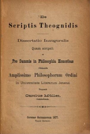 De Scriptis Theognidis : (Jenenser Doctordiss.)