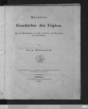 Macrizi's Geschichte der Copten : aus den Handschriften zu Gotha und Wien