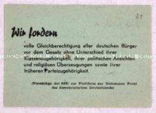 Handzettel der SED mit Vorschlägen zur Plattform der Nationalen Front für ein demokratisches Deutschland
