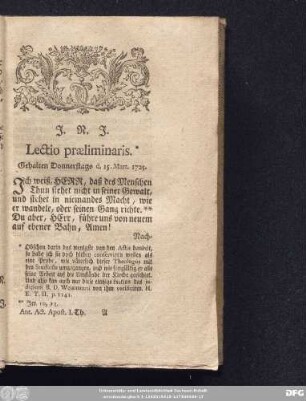 Lectio praeliminaris. Gehalten Donnerstags d. 15. Mart. 1725.