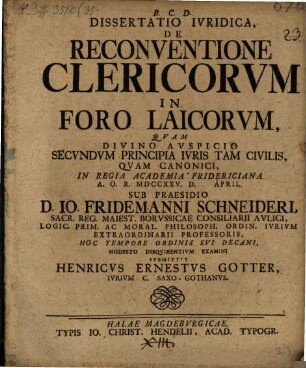 Dissertatio Ivridica De Reconventione Clericorvm In Foro Laicorvm