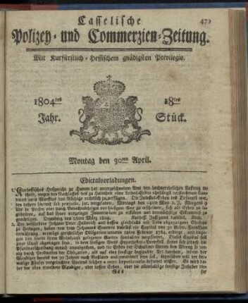 18tes Stueck, Montag den 30ten April 1804