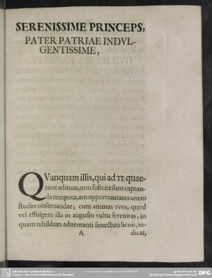 Serenissime Princeps, Pater Patriae Indulgentissime