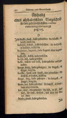 Anhang eines alphabetischen Verzeichnisses der gebräuchlichsten verborum irregularium zu pag. 125