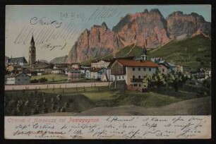 Ansichtskarte von Hofmannsthal an seine Schwiegermutter Franziska Schlesinger mit kolorierter Ansicht von Cortina mit dem Pomagagnon im Hintergrund