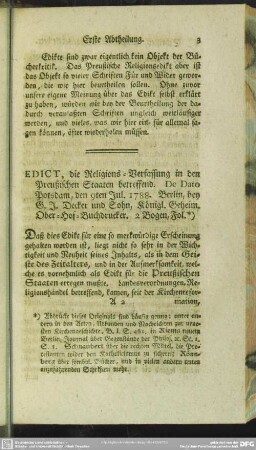 Edict, die Religions-Verfassung in den Preußischen Staaten betreffend. De Dato Potsdam, den 9ten Jul. 1788