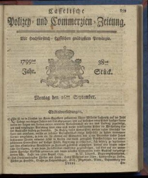 38tes Stueck, Montag den 16ten September 1799