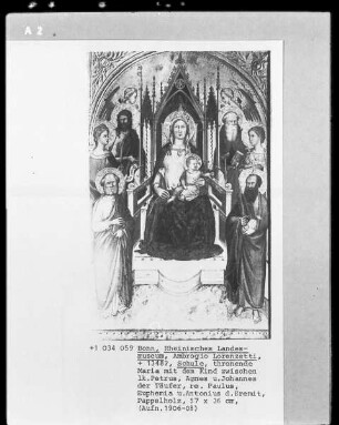 Thronende Maria mit dem Kind zwischen links: Petrus, Agnes und Johannes der Täufer und rechts: Paulus, Euphemia und Antonius der Eremit