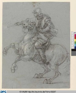 Geharnischter Reiter mit Pistole auf steigendem Pferd