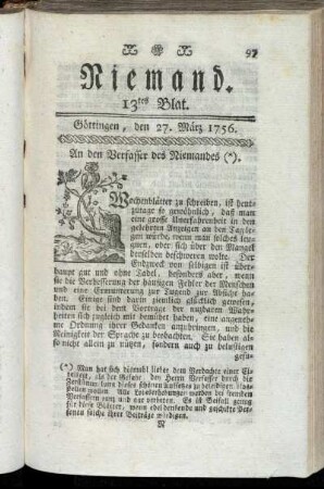 13tes Blat. Göttingen, den 27. März 1756.
