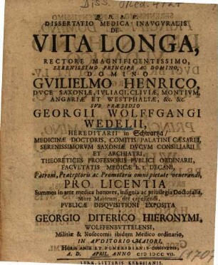 Dissertatio Medica Inavgvralis De Vita Longa